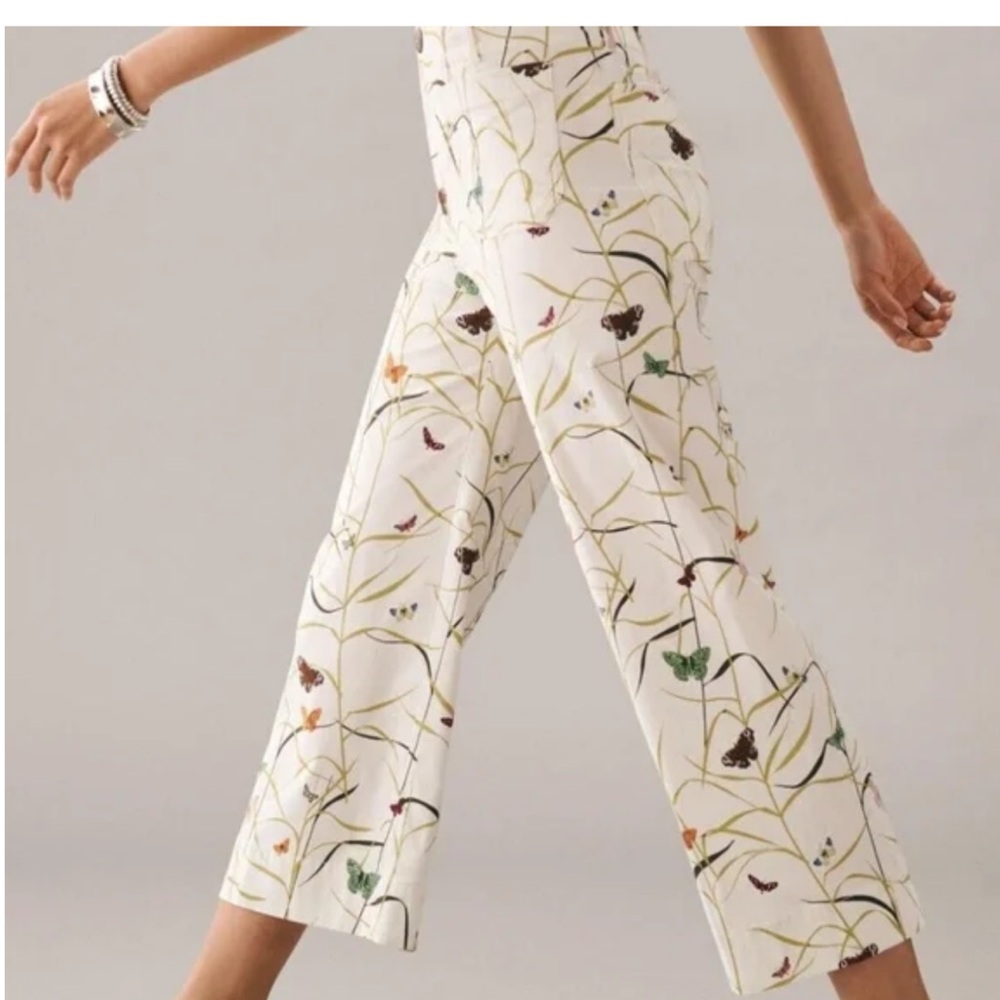 Colette Wide Leg Pants Maeve by Anthropologie Cream Floral Butterflies 🦋LIKE NEW
